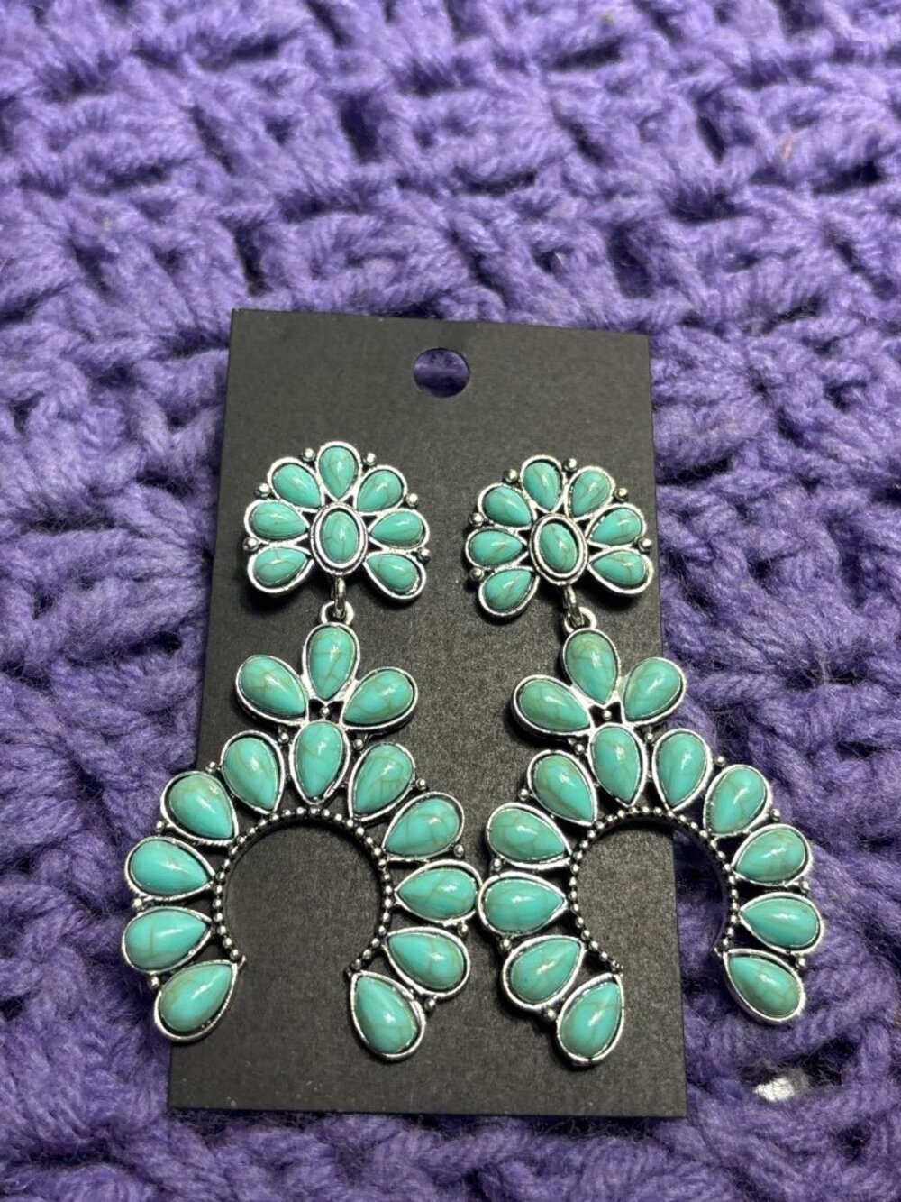 Faux Turquoise Dangle Earrings Silvertone Retro Boho Southwestern 2.5 inches